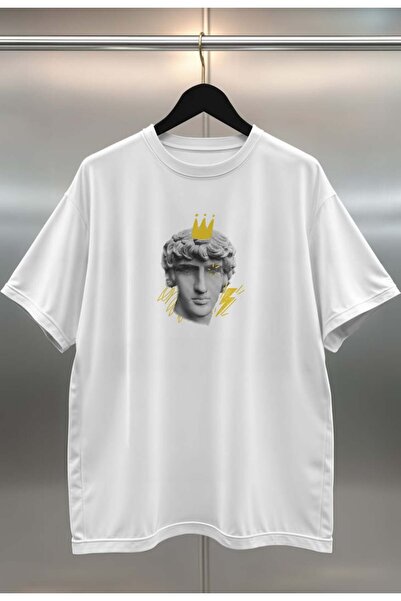 buzagi tasarım ürünleri Sculpture Digital Print Oversize White Unisex T-Shirt