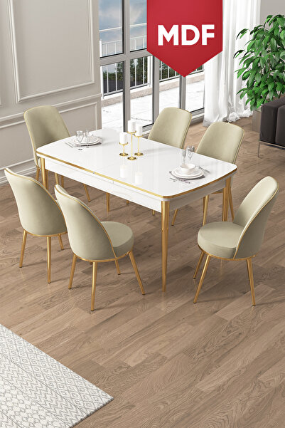 Canisa Pale Serisi 80x132 MDF Açılabilir Beyaz Mutfak Masa Takımı 6 Krem Sand...
