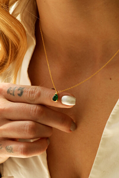 Spossy Silver Jewelry 925 Ayar Gümüş, Gold, Yeşil Taşlı Minimal Damla Kolye