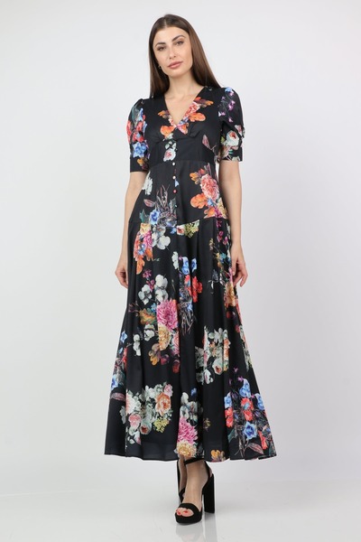 mica Long Floral Print Dress with Button Details and Short Sleeves