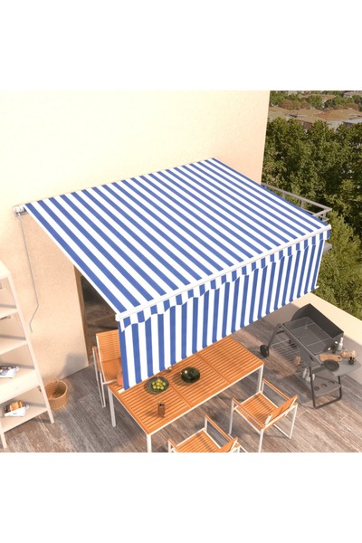 Concept Copertină retractabilă manual cu stor, albastru&alb, 4,5x3 m