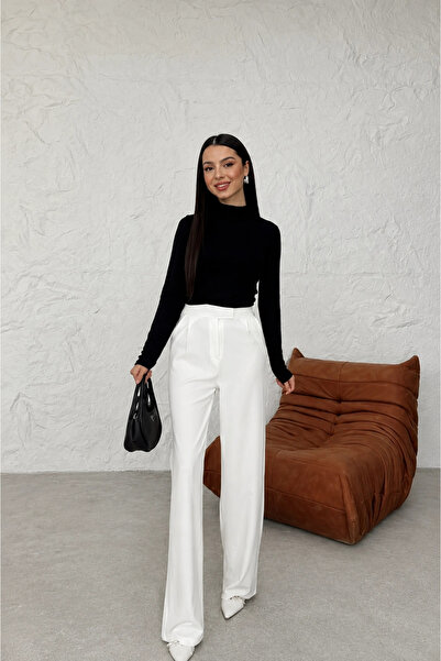 MetuCA Women's White High Waist Wide Leg Palazzo Trousers with Velcro Pockets