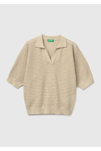 United Colors of Benetton Women's Stone Cotton Linen Blended Textured Polo Co...