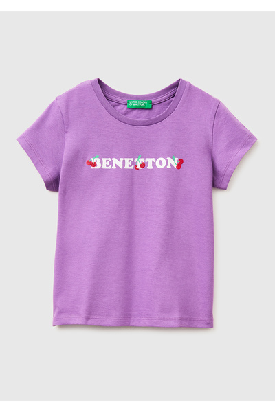 United Colors of Benetton فتاة أرجواني لامع مطبوع عليه رسومات تي شيرت بأكمام ...