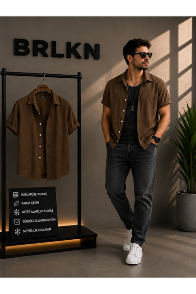 BRLKN Πουκάμισο με κοντό μανίκι Boyfriend Fit από ύφασμα Gofre, στυλ Alaçatı,...