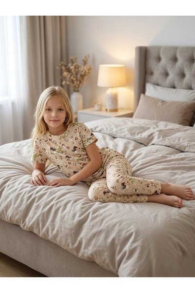 Enie Girls' Rabbit Patterned Short Sleeve Pajama Set