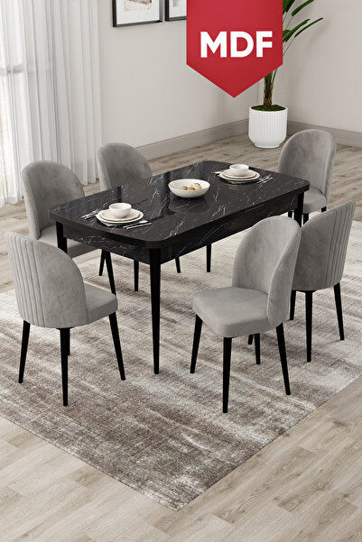 Canisa Roe Serisi Açılabilir MDF 80x132 Siyah Mermer Desen Mutfak Masası Takı...