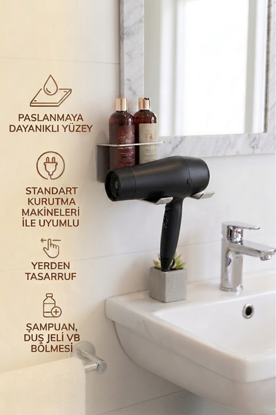 Grandmix Metal Saç Kurutma Makinesi Tutacağı ve Banyo Rafı Fön Makinesi Askıs...