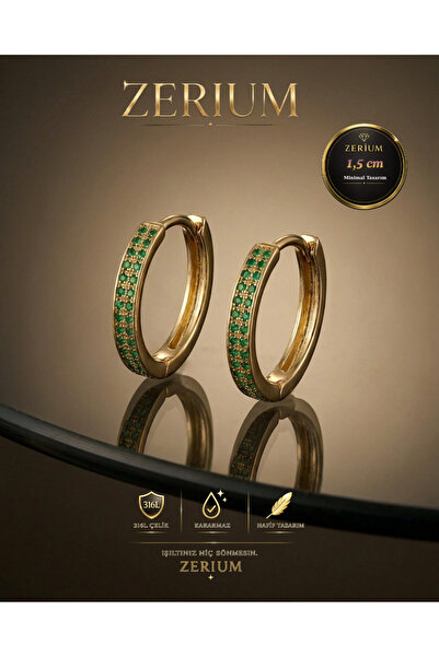 ZERİUM Women's Gold Steel Hoop Earrings Double Row Emerald Green Zircon Stone...