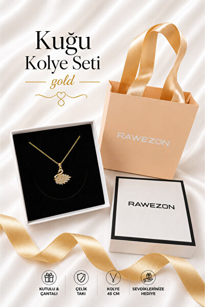 RAWEZON Nerovia Serisi-Çantalı Kutulu Çelik Gold Renk Kuğu Taşlı Kadın Kolye-...