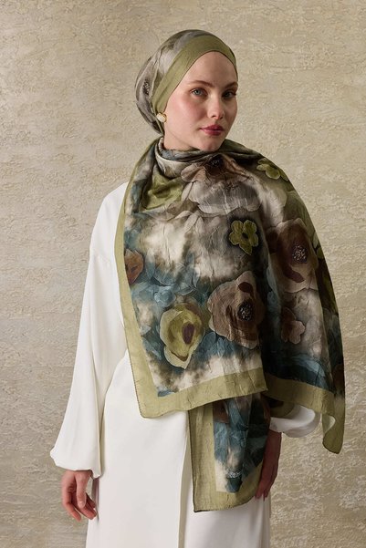 SilkTouch Khaki Watercolor Rose Patterned Shawl