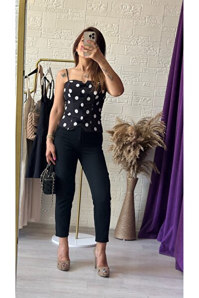 Derya Akyol Women's Black Polka Dot Bustier with Bow Detail on the Front and ...