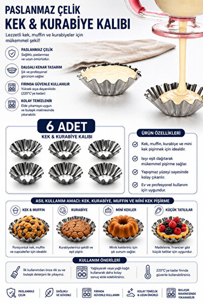 MİMOZA PARK 6 Adet Çiçek Model Mini Tart Kalıbı Ve Metal Kek Kapsülü Kek Kalıbı