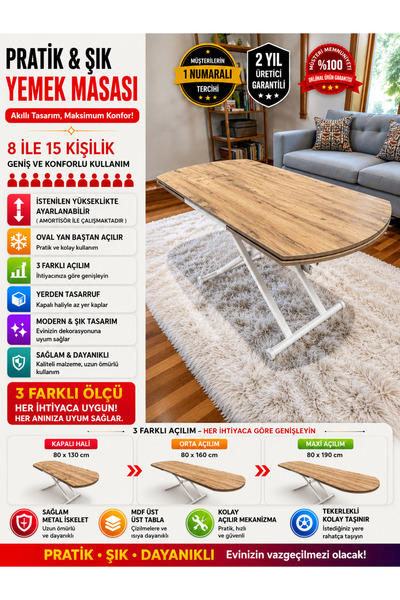 SEHPAM AKILLI Yan Baştan Açılır Yarı Oval Akıllı Yemek Masası Mdf Tabla Alt M...