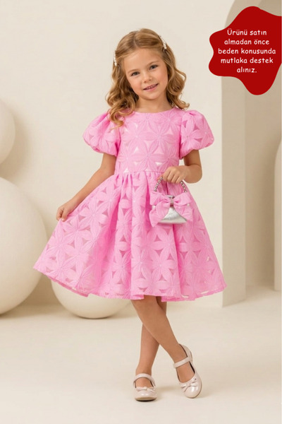 Eray Kids Girl's Floral Patterned Balloon Sleeve Special Occasion Evening Dress