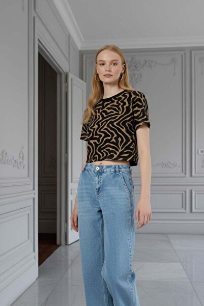 HAKKE Zebra Desenli Crop BLUZ
