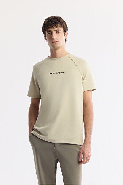 Avva Erkek Bej Bisiklet Yaka Baskılı Oversize Fit T-Shirt A41Y1168