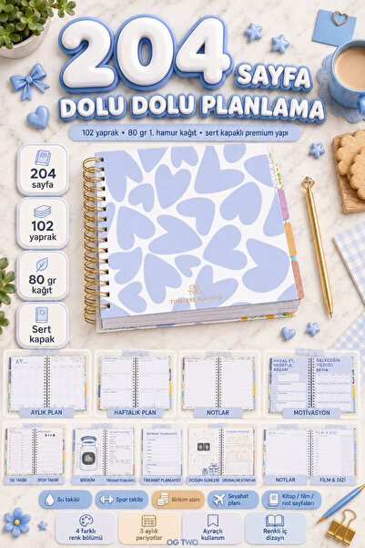 OGTWO Premium Quality 17x24 cm Stickerlı Süresiz Planlama Sert Kapaklı Haftal...