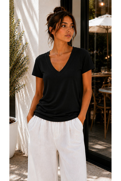 Hayalet Kadın V Yaka Basic T-Shirt – Loose Fit Premium Bluz