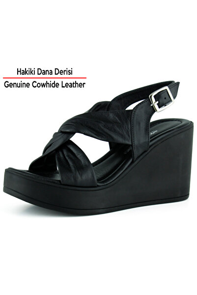 Erkan Saçmacı Monica Siyah Hakiki Dana Derisi Çapraz Burgulu Dolgu Topuklu Slingback Sandalet