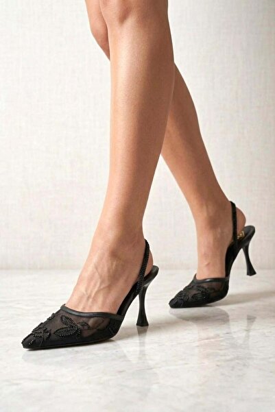 Fox Shoes Y752176315 Siyah File Boncuk İşlemeli İnce Topuklu Kadın Ayakkabı