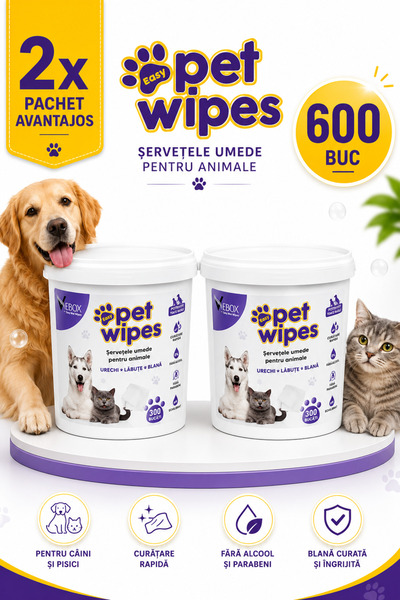 VEBOX Șervețele umede Easy Pet tip prosop, 600 de bucăți, servetele de curăța...