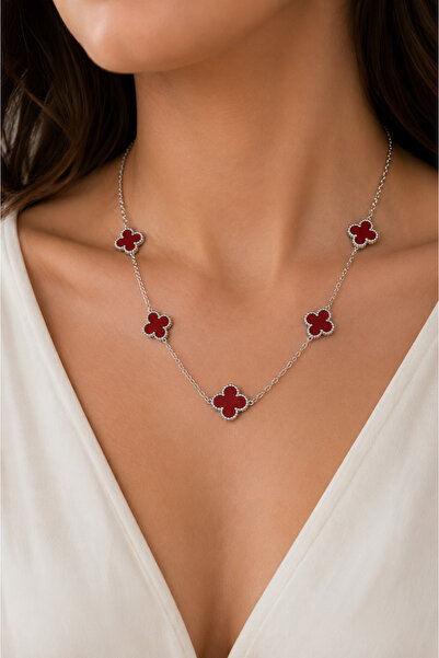 coco shopier 316L Steel Chain Silver Color Burgundy Color Women's Necklace