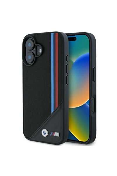 BMW iPhone 16 - Piele M cu model plasă și dungi tricolore MagSafe (BMHMP16S23...