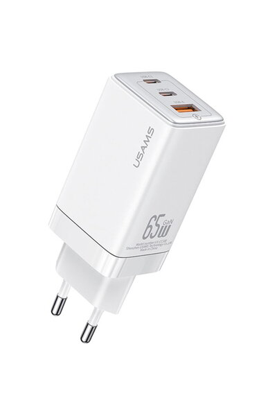 Usams US-CC180 2x USB Tip-C, 1x USB Încărcare rapidă GaN 65W Alb