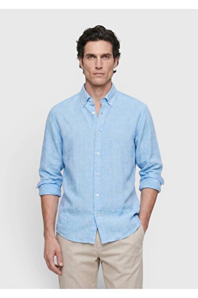 Ramsey Turquoise Plain Casual Fit Long Woven Casual 100% Linen Shirt