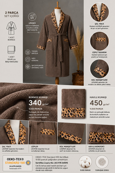 Ellaline Leopard Patterned Bathrobe Set 100% Cotton Certified, 2 Pieces, Beige Color