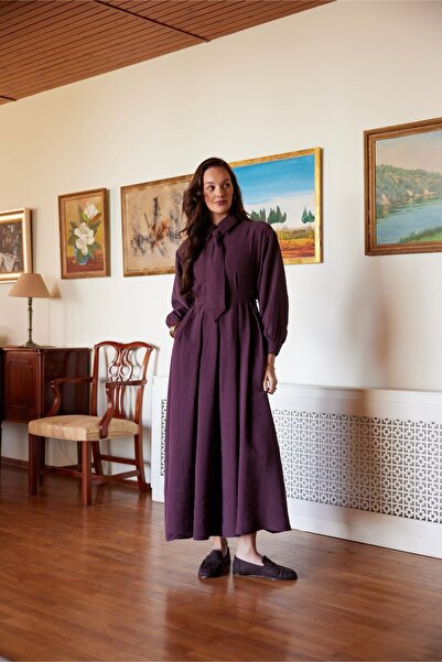 ZÜLAYS Kravat Detaylı Elbise Mürdüm