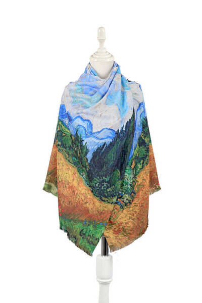 Bursa İpek Yellow Wheat Field Pattern Winter Shawl