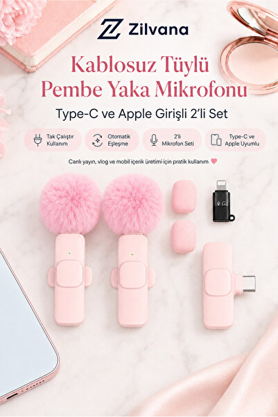 Zilvana Kablosuz Tüylü Pembe Yaka Mikrofonu Type-C ve Apple Girişli 2’li Set ...