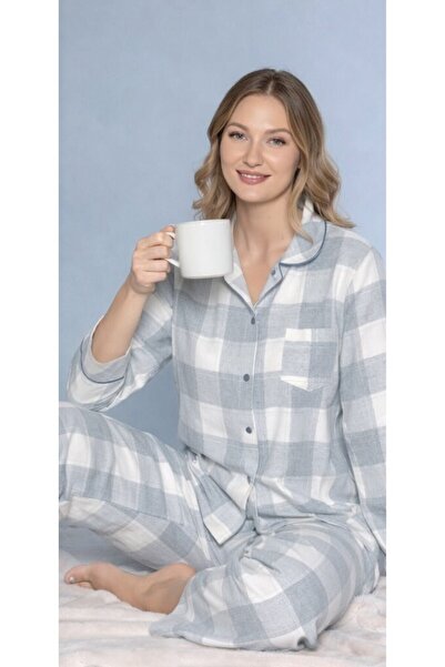 DOWRY Women's Winter Thick Woven Plaid Pajama Set – Buttoned Long Sleeve Comf...