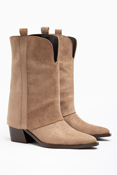 DENORA Mink Camel Matte Suede Trousers Flat Western Cowboy Boots