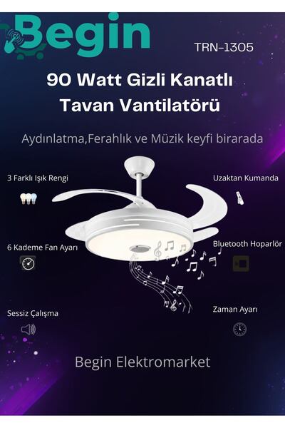 BEGİN 90w Gizli kanatlı bletooth hoparlörlü led ışıklı tavan vantilatör uzakt...