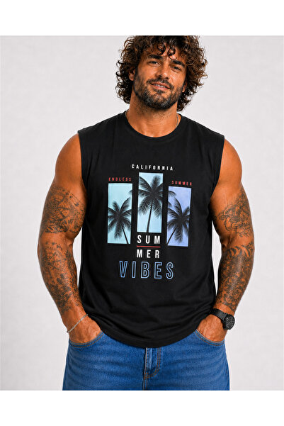 Starbattal Plus Size Printed Sleeveless T-Shirt Summer Vibes 26125 Black