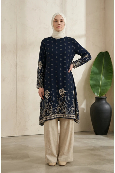 sefamerve Viscose Fabric Patterned Tunic 1016-01 Navy Blue