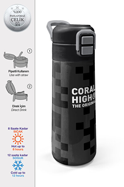 Coral High Kids Siyah Blok Desenli Pipetli ve Direkt İçim Çelik Termos 500 ml...