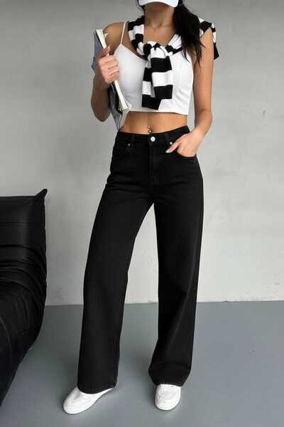 BROSERER Laura Visok struk Crne traper pantalone Crne široke farmerke Sa likr...