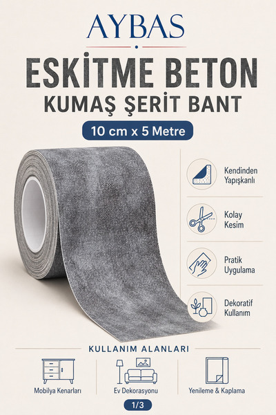 Aybas 10 cm x 5 Metre Eskitme Beton Desenli Yapışkanlı Kumaş Bant – Endüstriy...