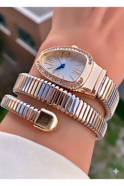 Merand Yellow Silver Color White Dial Snake Watch, Wrap Around Watch, Women Wrist Watch 0850Mrnd0442-030