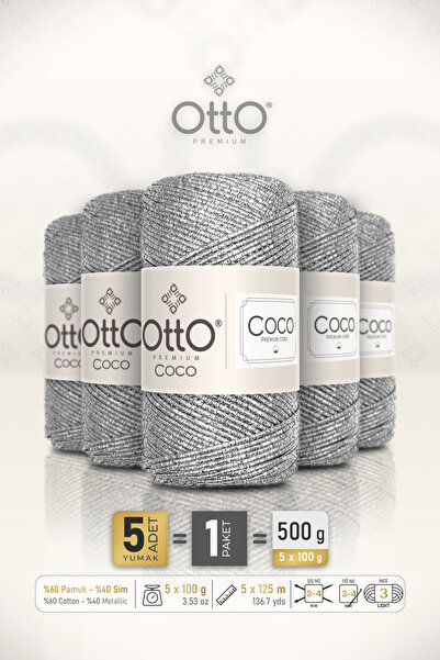 Otto Coco - Light Silver - 5-Pack - 2Mm/100Gr/125M - Glitter Cotton String fo...