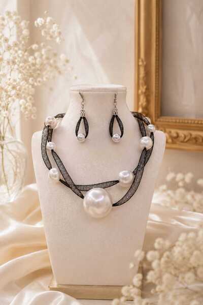 Ivory Pearl Modern Ve Şık Inci Kadın Kolye Küpe Seti - Zarif Tasarım, Siyah V...