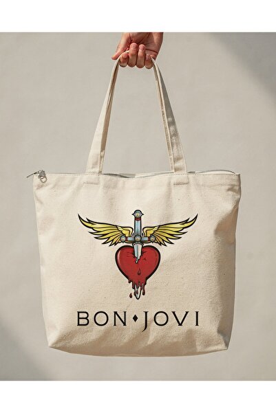buzagi tasarım ürünleri Bon Jovi Zippered Lined Gusseted Canvas Bag 35 X 40 cm