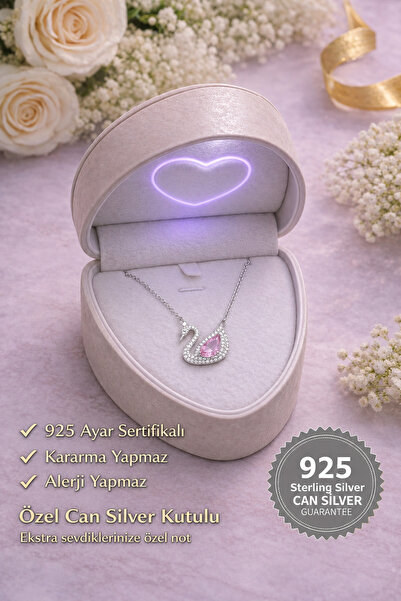 CAN SİLVER Pembe Zirkon Taşlı Kuğu Kolye | 925 Ayar Gümüş Kaplama Kolye- Gümü...