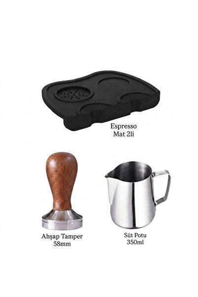 VESTRON Espresso 3lu Set| Ahşap Tamper Sut Potu Espresso Mat2
