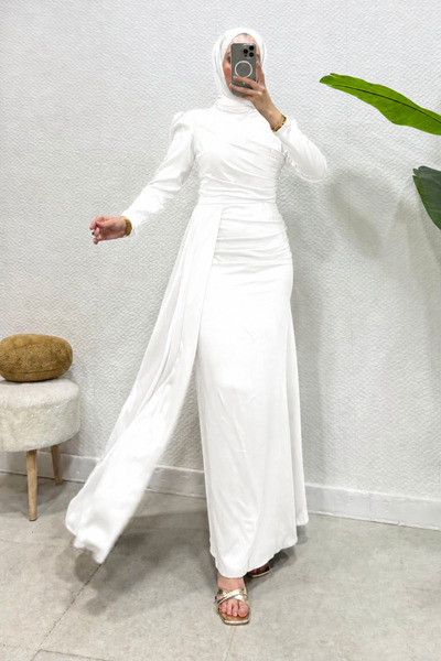 Abiye Diyarı Rochie de seară Efnan din satin cu trenă, stil Tesettür