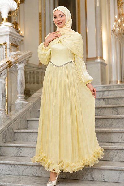 İmajButik Yellow Shoulder Detail Ruffled Skirt Evening Dress